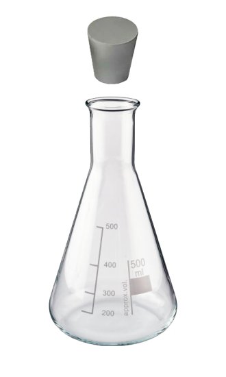 (Bild für) Erlenmeyerkolben mit Gummistopfen- Enghals, 500 ml -graduiert - zum Schließen ins Bild klicken